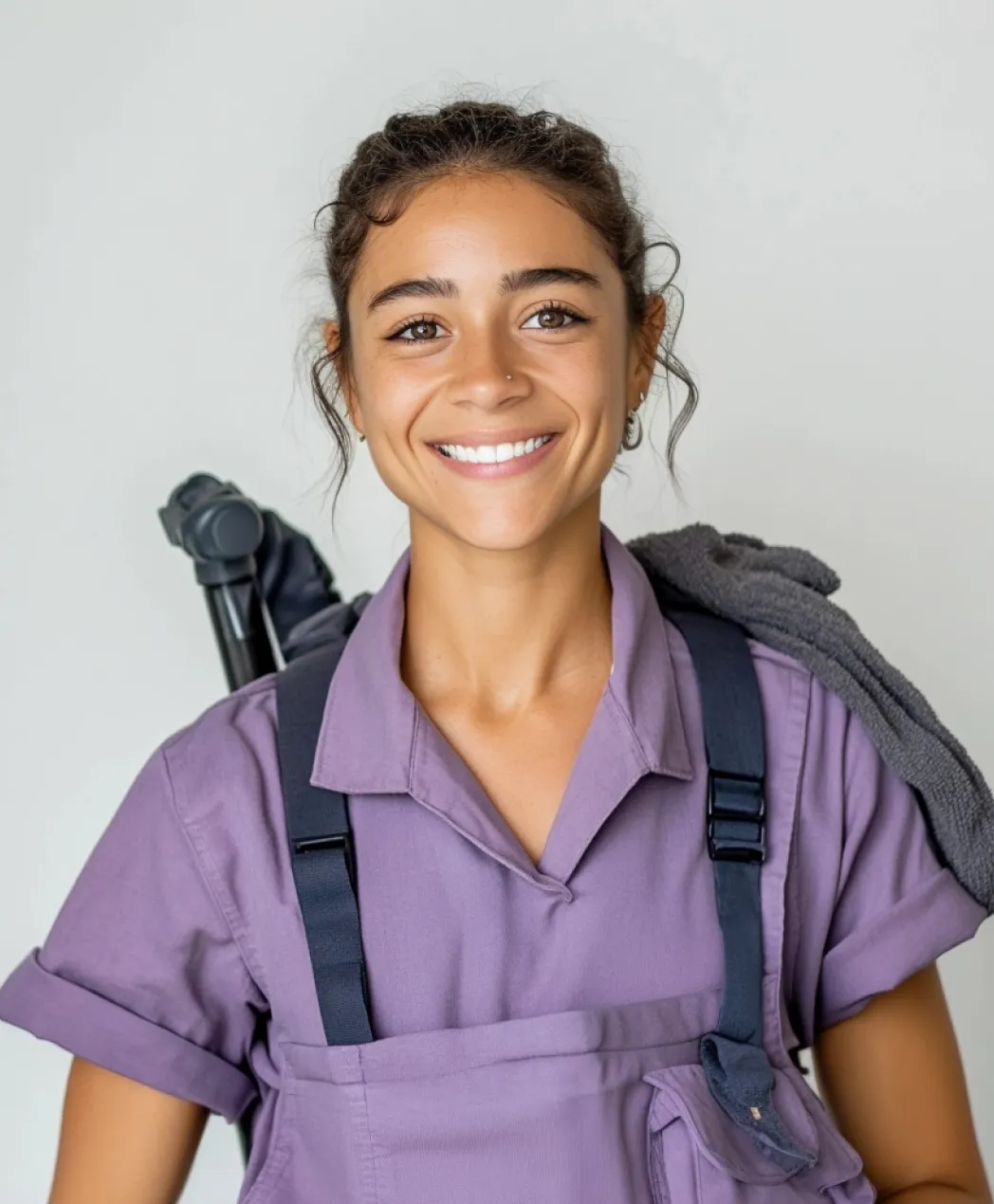 A Spotless cleaner smiling with eco-friendly supplies