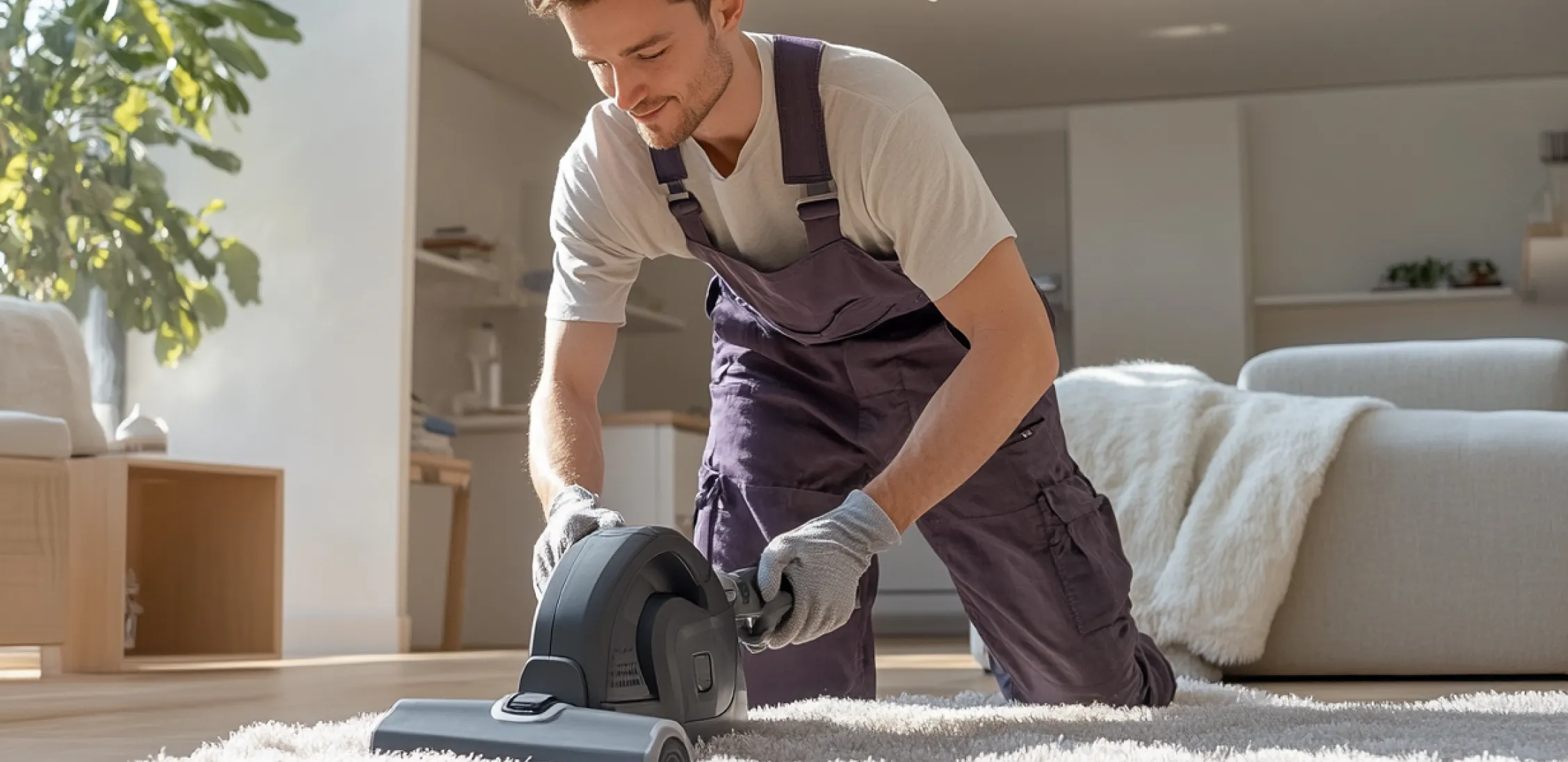 A cleaner working through a bright open-plan home