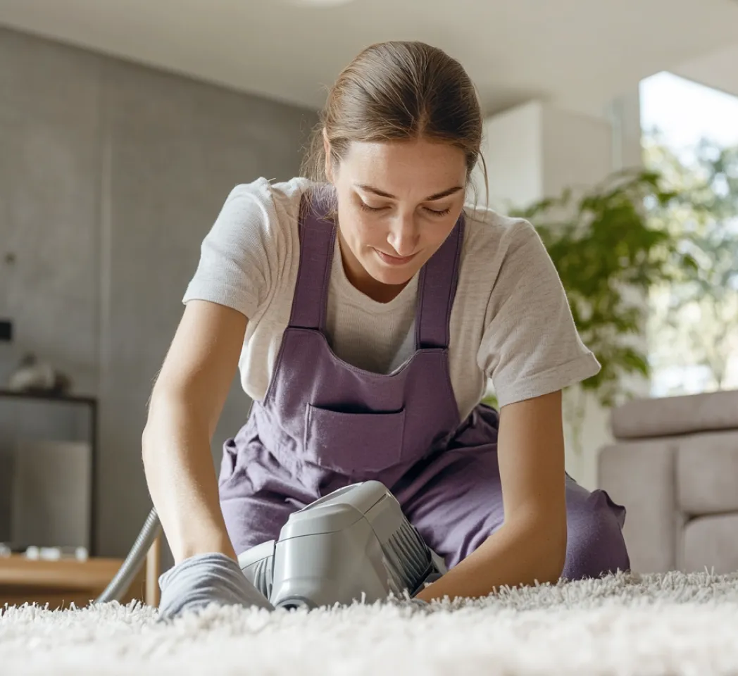 A cleaner working in an open-plan office